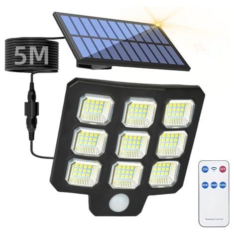 Lampes solaires d'extérieur avec détecteur de mouvement, projecteurs LED solaires avec télécommande, lampe solaire d'extérieur étanche IP65, lampe solaire d'extérieur à panneau divisé avec câble de 3 (1/5)