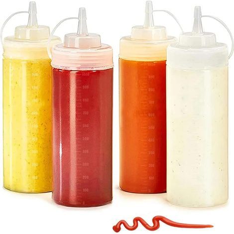 Bottiglia per salse – Flacone dosatore da 500 ml – Flacone con tappo dosatore – Adatto per spezie, ketchup, senape, maionese, olio d'oliva, salse trasparenti, ecc. – Confezione da 4 (1/5)