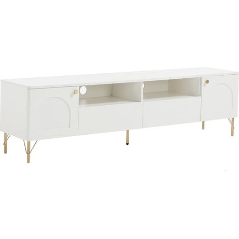 Meuble TV avec 2 portes, 2 tiroirs et 2 niches - Blanc et doré - ALOBARA
