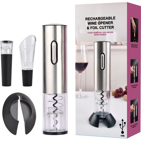 Tire-bouchon Electrique Rechargeable en Acier Inoxydable Avec Port de Charge USB - Coupe-Capsule de Petite Taille, portable - décapsuleur Avec Bouchon Sous Vide et Bec Verseur (1/5)