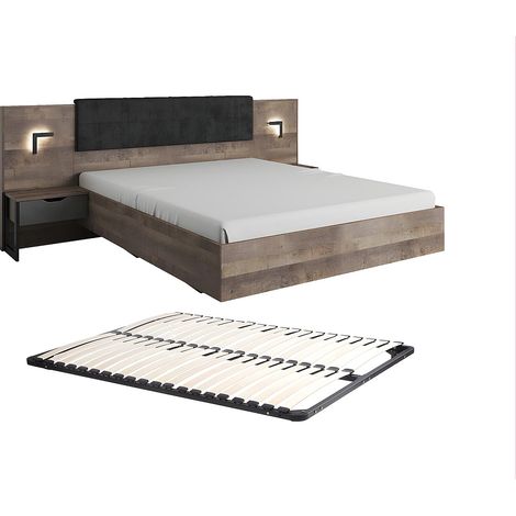 Vente-Unique – Lit adulte 160 x 200 cm avec chevets – LEDs blanches – Panneau mélaminé naturel et anthracite – Sommier à lattes inclus