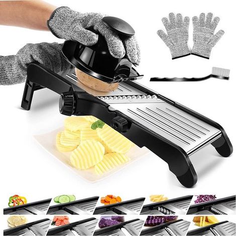 Affettatrice per verdure regolabile in acciaio inox, multifunzionale, con lama seghettata, guanti e spazzolino per la pulizia inclusi. (1/5)