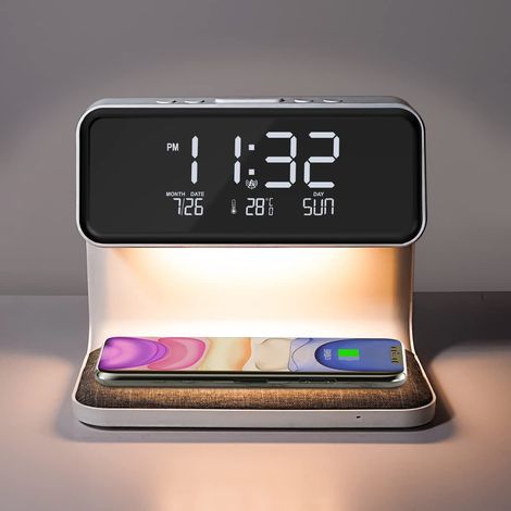 Lampe de chevet tactile sans fil LED avec chargeur 5W – 3 niveaux de luminosité – Fonction double réveil – Abat-jour noir – Wilit (1/5)