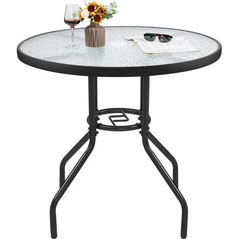 Yaheetech Tavolo da Giardino Rotondo in vetro Ø 80 cm con Piano in Vetro per Balcone Terrazza Nero (1/5)