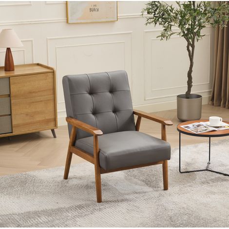 Sillón lounge de cuero gris con reposabrazos y estructura de madera, carga 150 kg,64x80x83 cm (1/5)