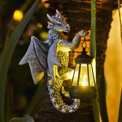 1 Statue Dragon Sur Tronc D'Arbre, Résine Grise, Lampe Solaire LED, Jardin, Terrasse (1/5)