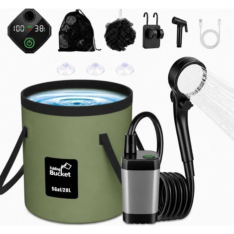 Douche de camping portable avec batterie rechargeable 6000 mAh et affichage LED – Seau pliable 4 modes de pulvérisation Pompe étanche IPX7 Idéal pour la randonnée, les voyages, la conduite (1/5)