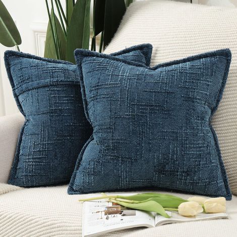 Juego de 2 fundas de cojín decorativas de chenilla, 45 x 45 cm, para sofá, sillón, estilo bohemio, cojín decorativo para cama, azul oscuro. (1/5)