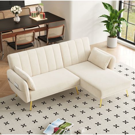 Sofá cama esquinero 191.5x130.5x80 cm beige en terciopelo con chaise longue reversible y respaldo ajustable (1/5)