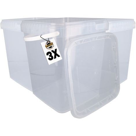 3x Seau en plastique avec couvercle, PP, carré, transparent 10,8 L