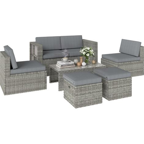 Ensemble de jardin 6 pièces comprenant un canapé, 2 fauteuils, une table basse en verre et 2 poufs, gris foncé