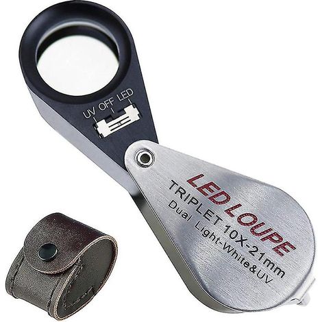 Loupe de bijoutier à grossissement 10x Loupe à triple lentille avec 6 lumières UV LED 21 mm pour pierres précieuses, bijoux, (1/3)