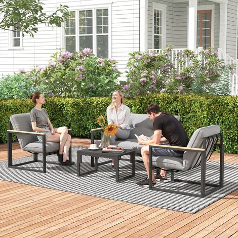 Gartenmöbel Set 4 Personen wetterfest Balkonmöbel-Set mit 2er Sofa, Sessel Sitzkissen Hellgrau