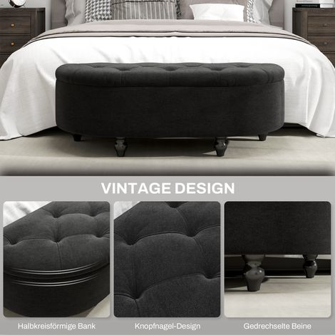 Banquette de rangement avec coffre et couvercle ouvert, siège rembourré en velours, bois d'hévéa, gris anthracite, 120x46x42 cm, idéale pour chambre et entrée (1/5)