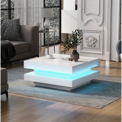 Mesa de centro 70x70x36 cm blanca en tablero de partículas con LED Bluetooth y acabado brillante (1/5)