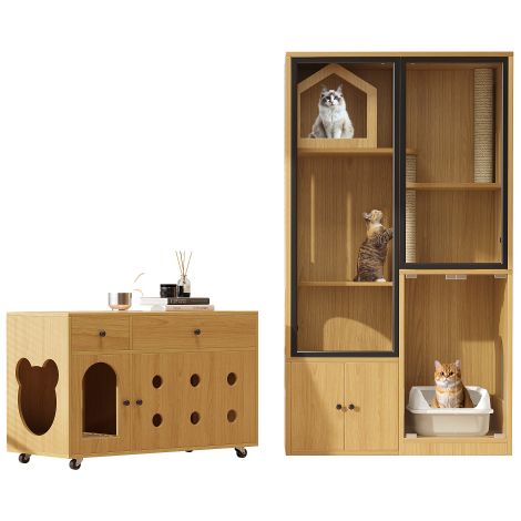 Villa pour chat + meuble pour bac à litière, ensemble de mobilier pour animaux, maison pour chat en verre, meuble pour litière, mobilier adapté à plusieurs chats, couleur érable jaune (1/5)