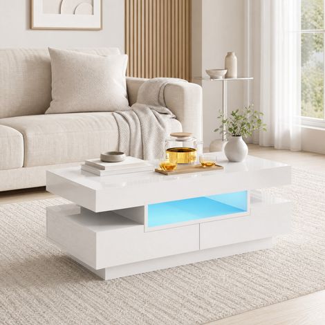 Tavolino da caffè con barra LED, 4 cassetti, 3 vani aperti, finitura lucida, bianco HAVRYA (1/5)