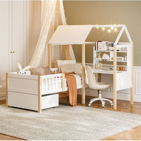 Cama infantil casita moderna 90x200 cm de madera blanca, con somier de láminas, barrera anticaída, escritorio y estantería (1/5)
