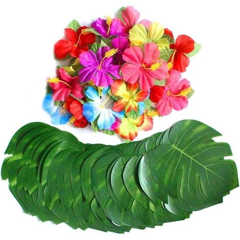 30 feuilles de 20 cm + 24 fleurs de palmier tropical, feuilles de monstera et fleurs d'hibiscus, plantes artificielles hawaïennes, fausses feuilles (1/5)