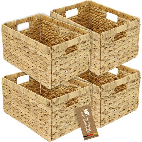 HMF Aufbewahrungskorb passend für Billy Regal, Korb geflochten aus Wasserhyazinthe mit drei Griffen, 4er Set, 35 x 25 x 20 cm, Natur