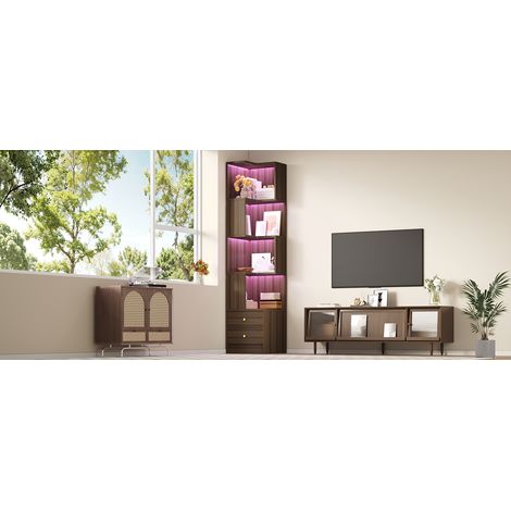 45 x 43,5 x 180 cm, étagère d'angle en L multifonctionnelle, éclairage télécommandé par appli, design multicouche, grand rangement, présentoir autoportant, marron. (1/5)