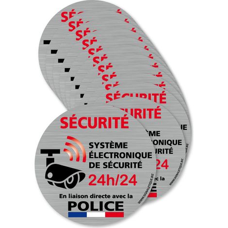 Signaletique.Biz France – Lot de 12 autocollants dissuasifs Système Électronique – Liaison directe avec la Police – Aspect aluminium brossé – Diamètre 75 mm (1/5)