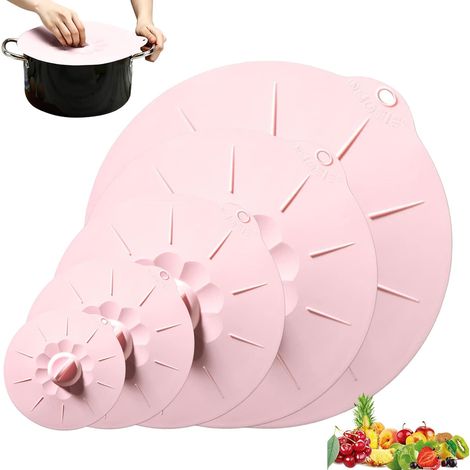 Couvercle Silicone Alimentaire,5 Tailles Différentes Couvercles à Ventouse en Silicone,Couvercle Silicone de Grande Taille pour Bols,Casseroles,Assiettes,Tasses,Canettes (Rose) (1/2)