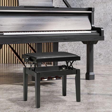 Banco para piano, taburete para piano, regulable en altura, elegante acabado brillante, polipiel + madera de caucho, negro, 63 x 33 x 56 cm
