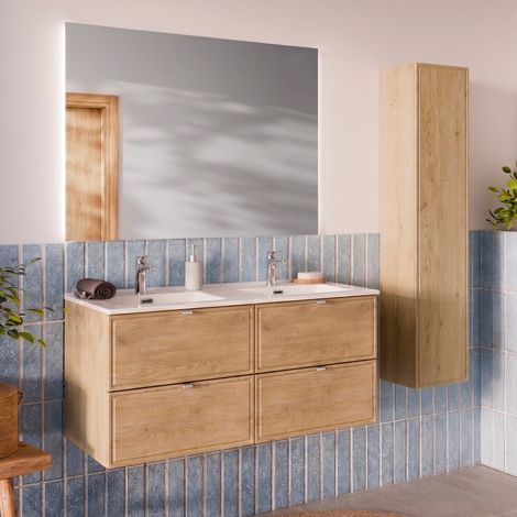 Ensemble meuble double vasque encastrée 120cm et colonne Elias Bois (1/5)