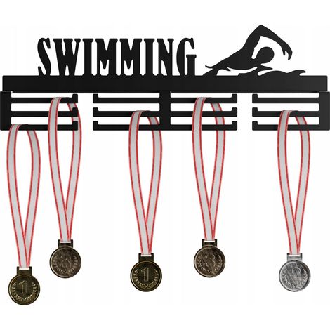 Colgador de medallas de metal de 40 cm con diseño de natación, de metal negro y duradero. (1/5)