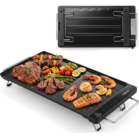 COSTWAY Plancha Gril Électrique 1300W, Plaque Antiadhérente avec Double Surface, Contrôle Tactile, Poignées, Pieds Pliables, Lavable Lave-vaisselle, Protection Surchauffe pour Voyage, Pique Nique (1/5)