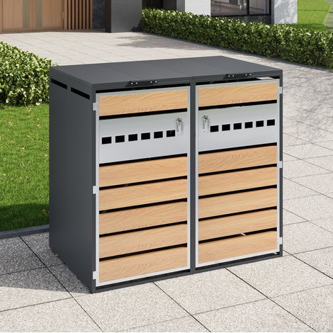 Armario para cubos de basura doble gris y madera en acero con tapa abatible y cierre (1/5)