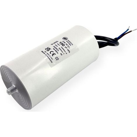 Ducati Energia – Condensateur permanent 100µF – Longueur 120mm – Diamètre 60mm – Longueur de câble 25cm – Homologué VDE EN60252-1