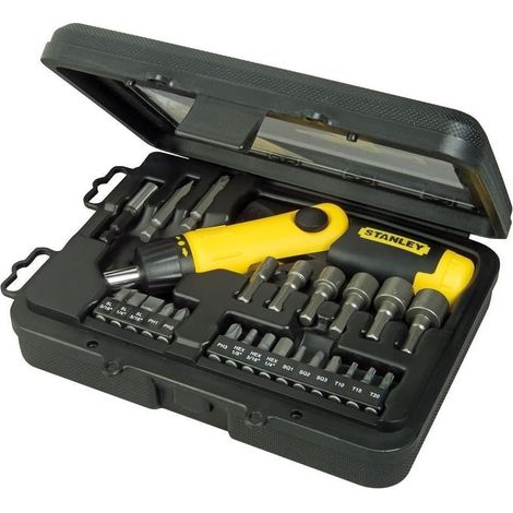 Tournevis Porte Embouts magnétique à Cliquet Poignée Revolver - 17 Embouts et 6 Douilles - Poignée Orientable à 45,90 ou 180° - Stockage Intégré - Coffret de 25 pièces (1/5)