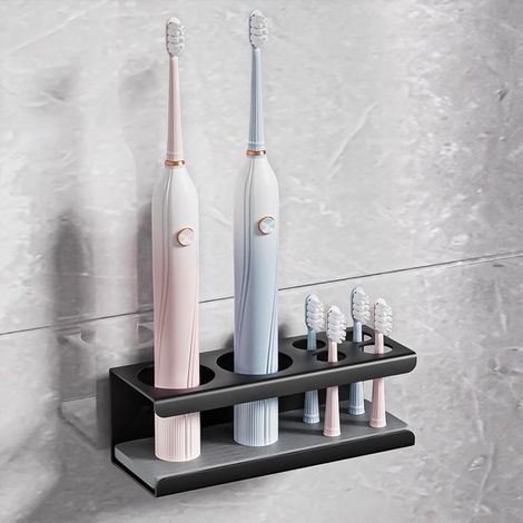 Porte-brosse à dents mural en aluminium avec 6 fentes, tapis en terre de diatomées à séchage rapide, rangement pour brosses et dentifrice, sans perçage, noir (1/5)