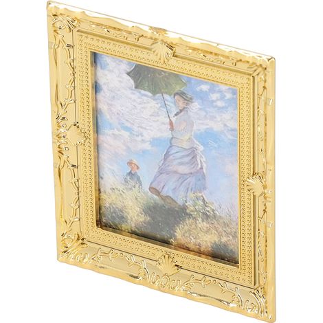 Peinture miniature à l'échelle 1:12, faite à la main, avec un cadre doré exquis, peinture à l'huile acrylique pour maisons de poupées, idéale pour les filles et les enfants, sur le thème du parapluie. (1/5)