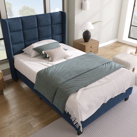 Lit Simple lit double tapissé avec tête de lit, sommier à lattes 90x200cm, lin bleu, fermeté moyenne (sans matelas) (1/5)