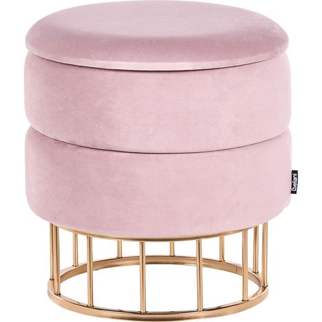 Puf con almacenaje tapizado en terciopelo de poliéster rosa base dorada accesorios de diseño Elgin (1/5)