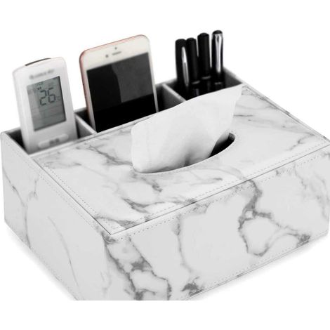 Caja rectangular para pañuelos de piel sintética con compartimento para mando a distancia y soporte para toallas, ideal para el hogar y la oficina, con estampado de mármol blanco (26,5 x 16,5 x 8,5 cm (1/5)