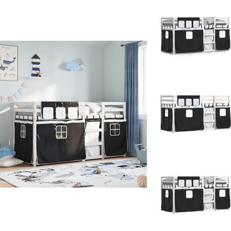 Etagenbett mit Vorhängen Weiß & Schwarz 80x200 cm Kiefernholz - Kinderzimmermöbel - Hochbett - Etagenbett - Jugendzimmer - Schlafsofa (1/5)