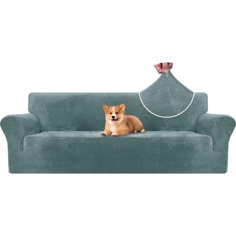 Samt Sofa Überzug 4 Sitzer, elastisch, rutschfest, grau-blau (1/5)