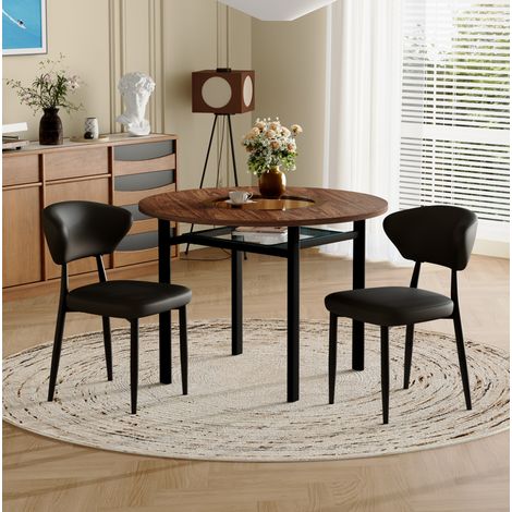 Conjunto de comedor con mesa redonda MDF y cristal marrón/negro Ø100 cm y 2 sillas de PU negro con patas metálicas (1/5)