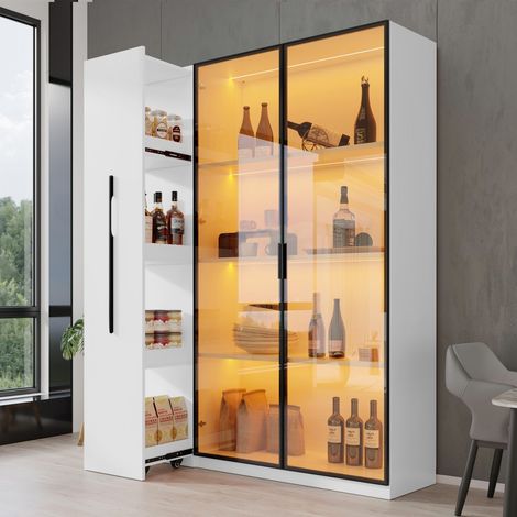 Vetrina con illuminazione a LED - L 110,5 x H 160 x P 35 cm - Anta in vetro ambrato e vano laterale scorrevole - Stile francese - Bianco (1/5)
