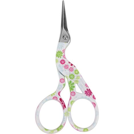 Mini-Stickschere in Form eines Kranichs, aus farbigem Kohlenstoffstahl (weißer Hintergrund, rosa Blume) (1/5)
