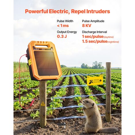 Chargeur de Clôture Électrique Solaire, 0,3 J, Électrificateur de Clôture Électrique, 8 kV, Portée 1-3 km, Autonomie 7 Jours, Résistant aux Intempéries, pour Empêcher Intrusion Animaux Sauvages (1/5)