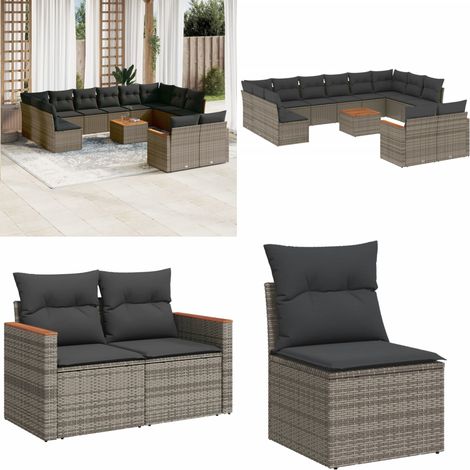13-tlg. Garten-Sofagarnitur mit Kissen Grau Poly Rattan - Gartenmöbel - Esszimmergarnitur - Outdoor Set - Lounge Set - Rattan Gartenmöbel - Home & Living