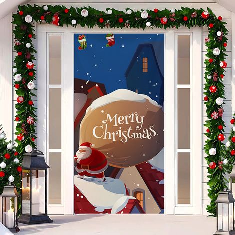Rideau de porte de Noël 2026, bannière extérieure avec fond photo Père Noël et chien, tissu à suspendre - 90 x 180 cm (œillets + ruban) - 40