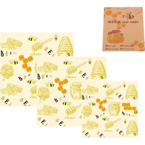 3PCS Emballages Alimentaires Réutilisables en Cire d'Abeille Lavables - Écologiques (Motif Ruche)