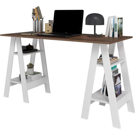 Beaux Meubles Pas Chers – Bureau droit 2 tréteaux avec 4 niches – Blanc et châtaignier – Dimensions L 135 x H 75 x P 60 cm – Panneaux mélaminés 15 mm (1/5)