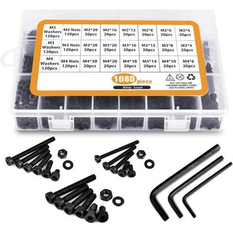 1080PCS M2 M3 M4 en Acier au Carbone Bouton à tête hexagonale Socket Tête Câble Boulons Vis avec écrous Assortiment (Noir) (1/4)